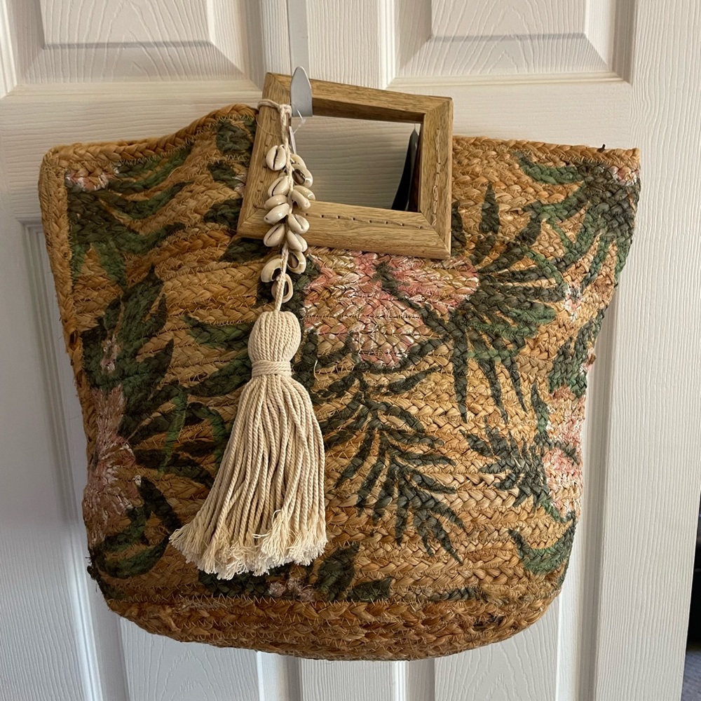 Floral Woven Tote Bag with Tassel